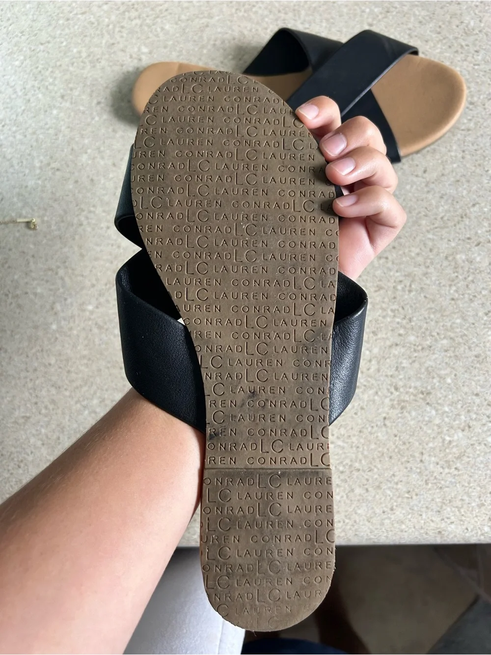 LC Lauren Conrad Black Cross-Strap Slide Sandals with Tan Footbed